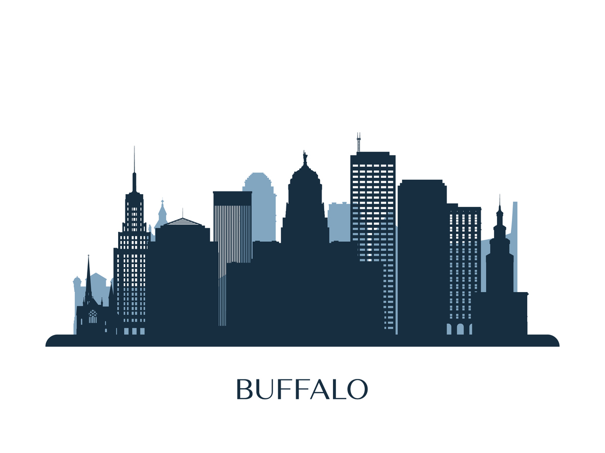 Skyline of Buffalo, NY: a river with buildings against a blue sky. A Buffalo childrens hospital was the recent recipient of two large donations, one from FanDuel Sportsbook and the other from the Kansas City Chiefs NFL team