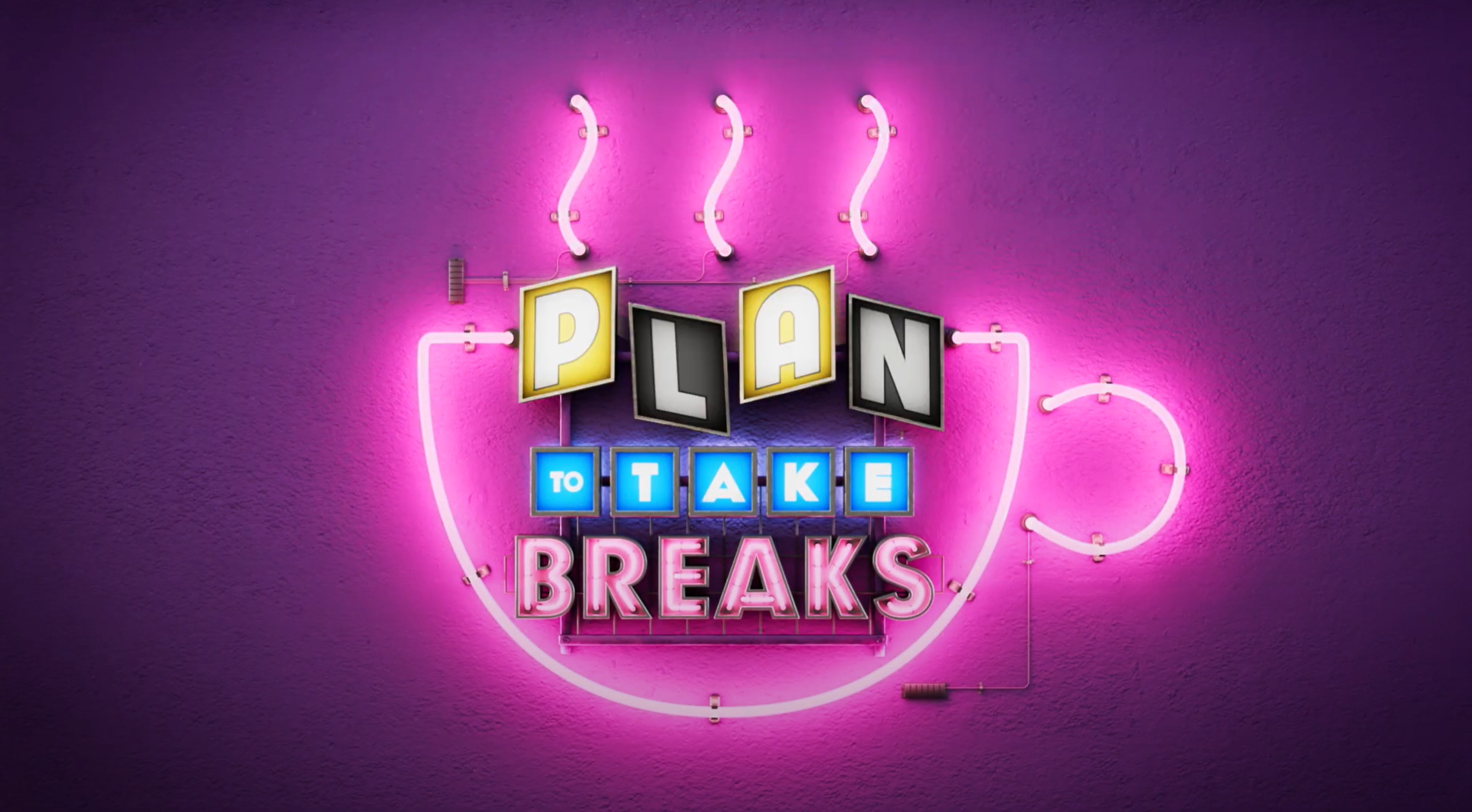 Screenshot from New York State Gambling Commission's new responsible gambling ad campaign: a neon light in the shape of a coffee cup with sign-styled letters that say "Plan to take Breaks", reminding gamblers that time away is important