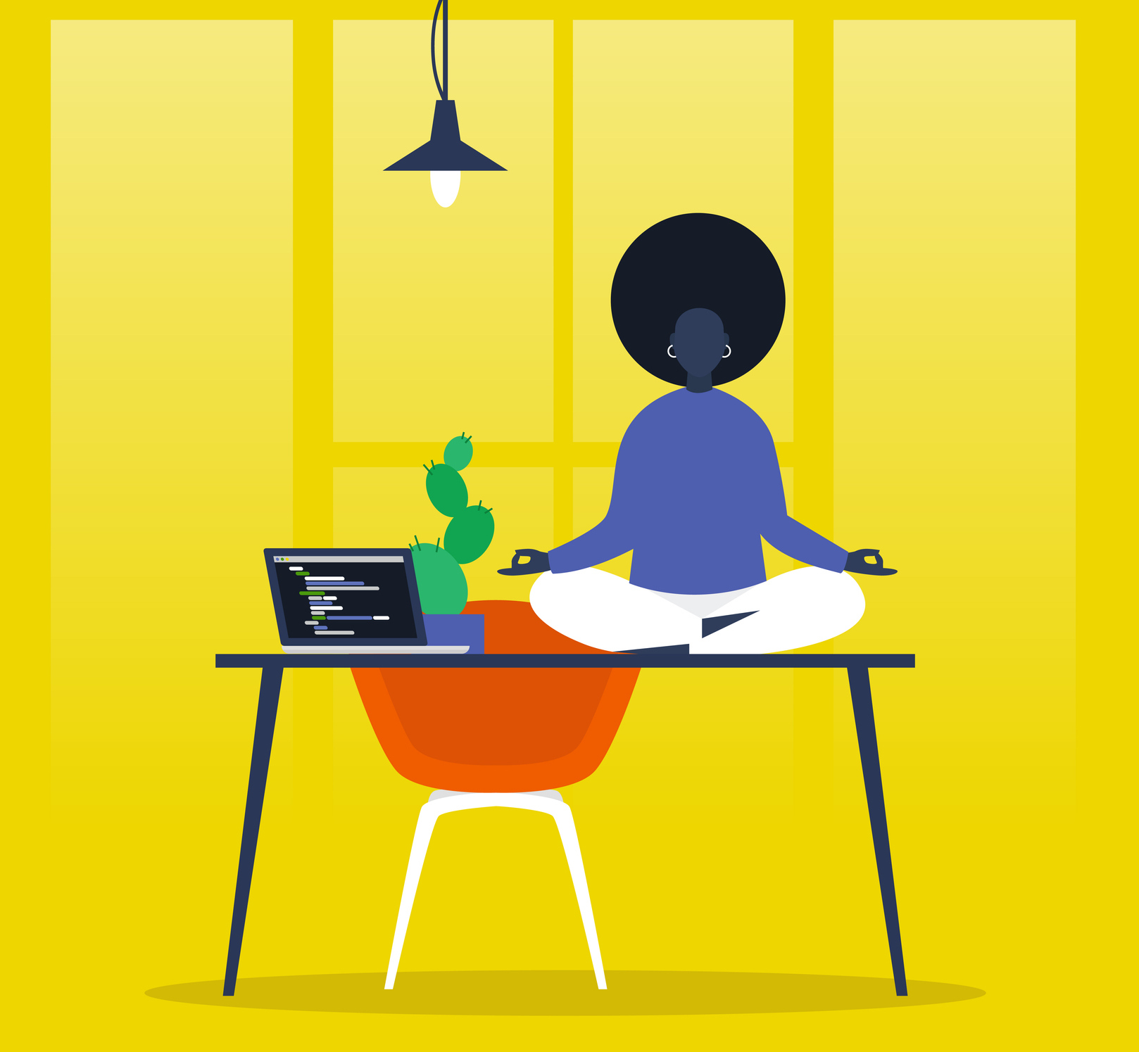 an illustration of a black woman with an afro meditating on top of a table with a laptop next to her. next to the laptop is a cactus and a red chair is behind the table. she is chill, confident, and not stressed over sports betting.